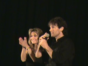 Assistant, former Miss New England helps Comedy Stage Hypnotist Bruce James to focus on his volunteers while she effectively takes care of stage props and music.